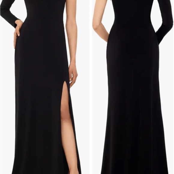 Betsy & Adam Asymmetric Single Long Sleeve Gown - Picture 3 of 4